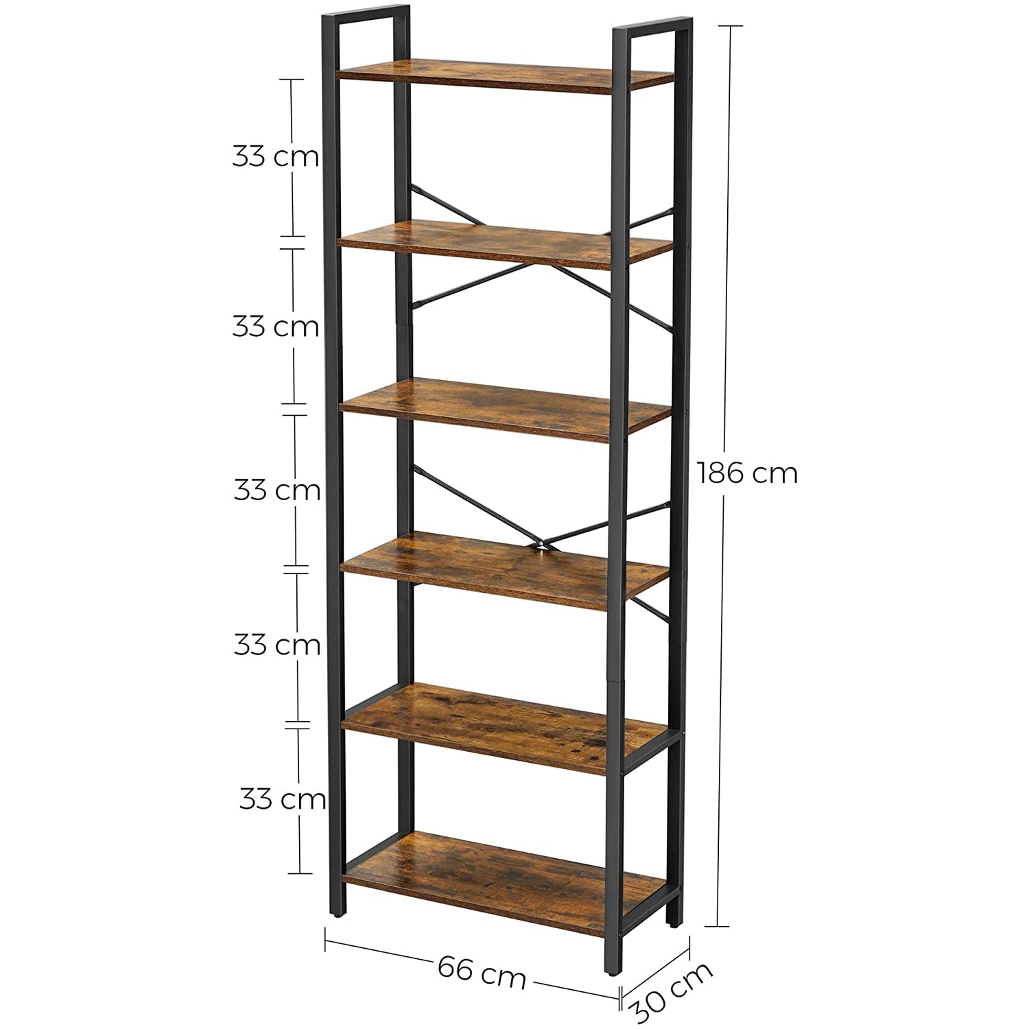 Nancy's Bloomington Bookcase - 6 Levels - Storage cabinet - Storage rack - 6 Levels - 186 cm - Brown - Black - Engineered Wood - Steel