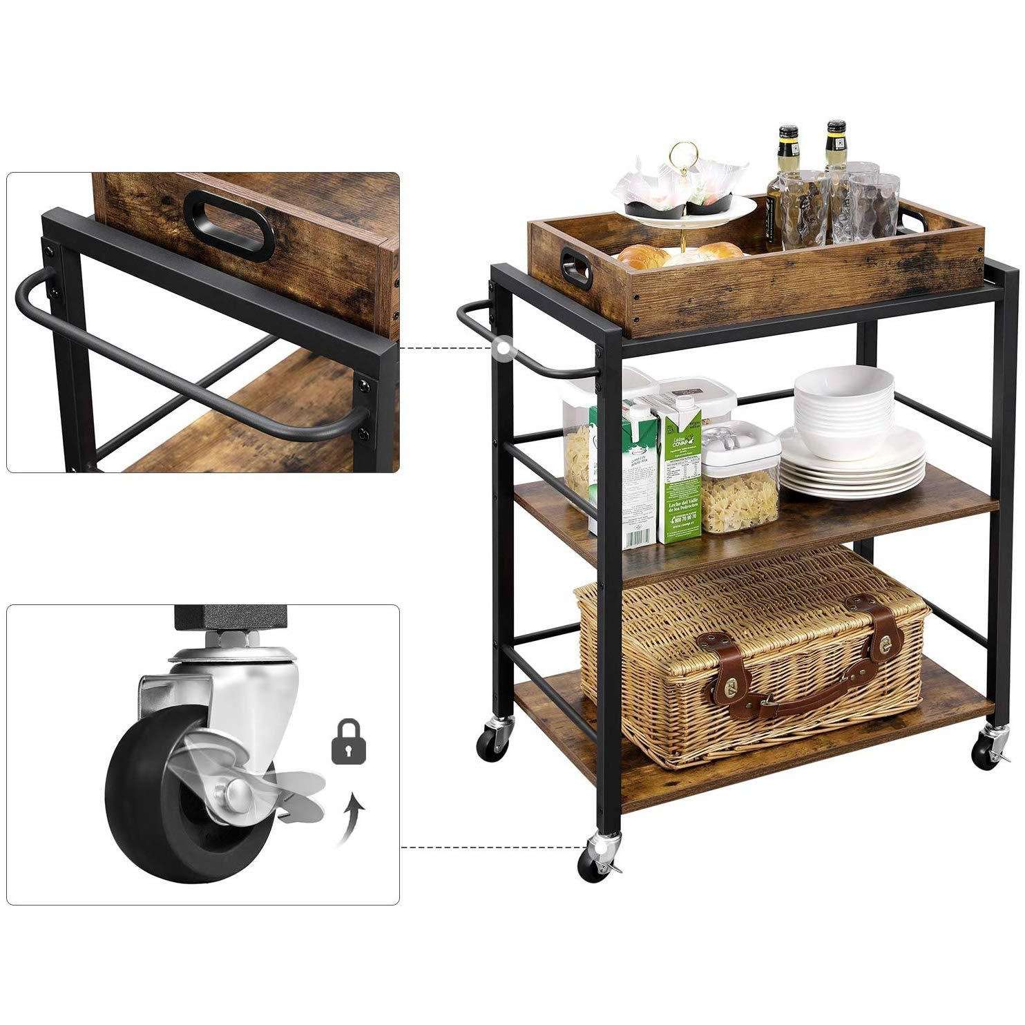 Nancy's Salem Vintage Keukenwagen - Serveerwagen - Keukentrolleys - Vintage Bruin / Zwart - ± 65 x 40 x 85 cm