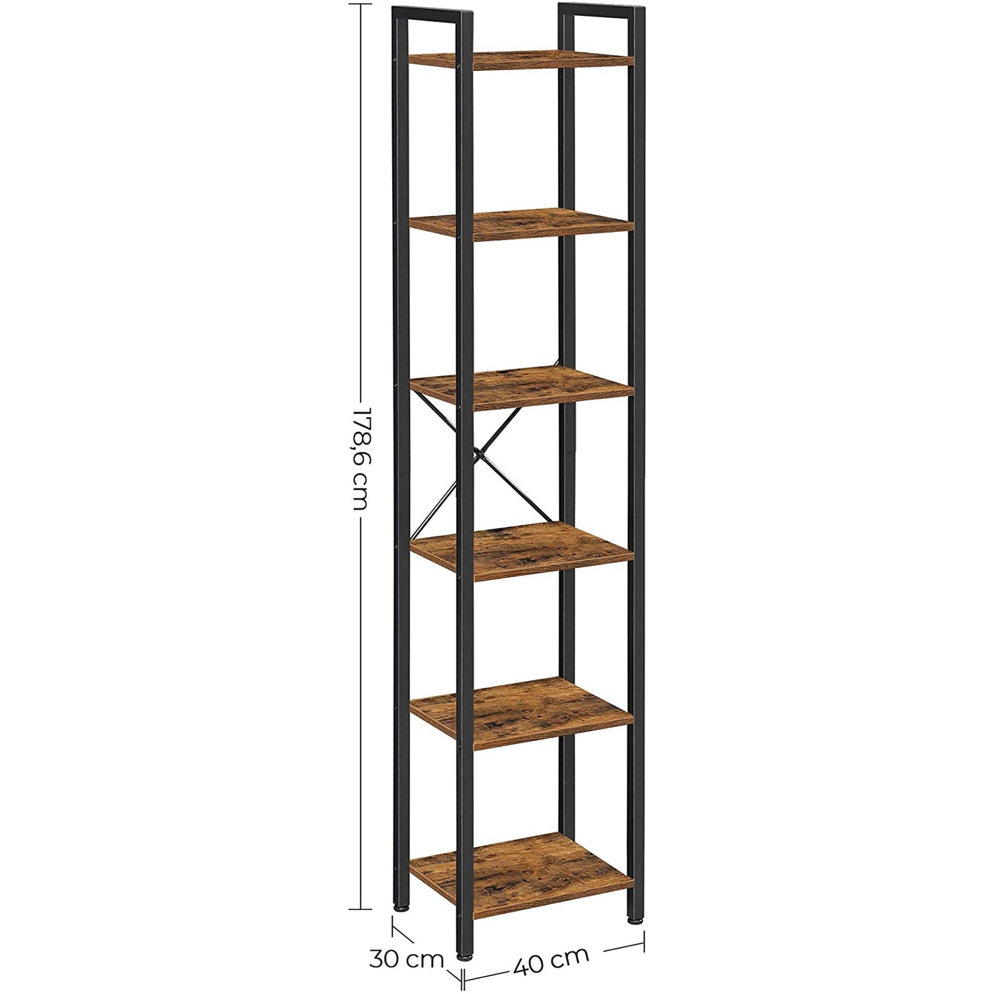 Nancy's Covina Storage Rack - Bookshelf - Open Cabinet - 6 Levels - Vintage - Industrial - Brown - Processed Wood - Metal - 40 x 30 x 178.6 cm
