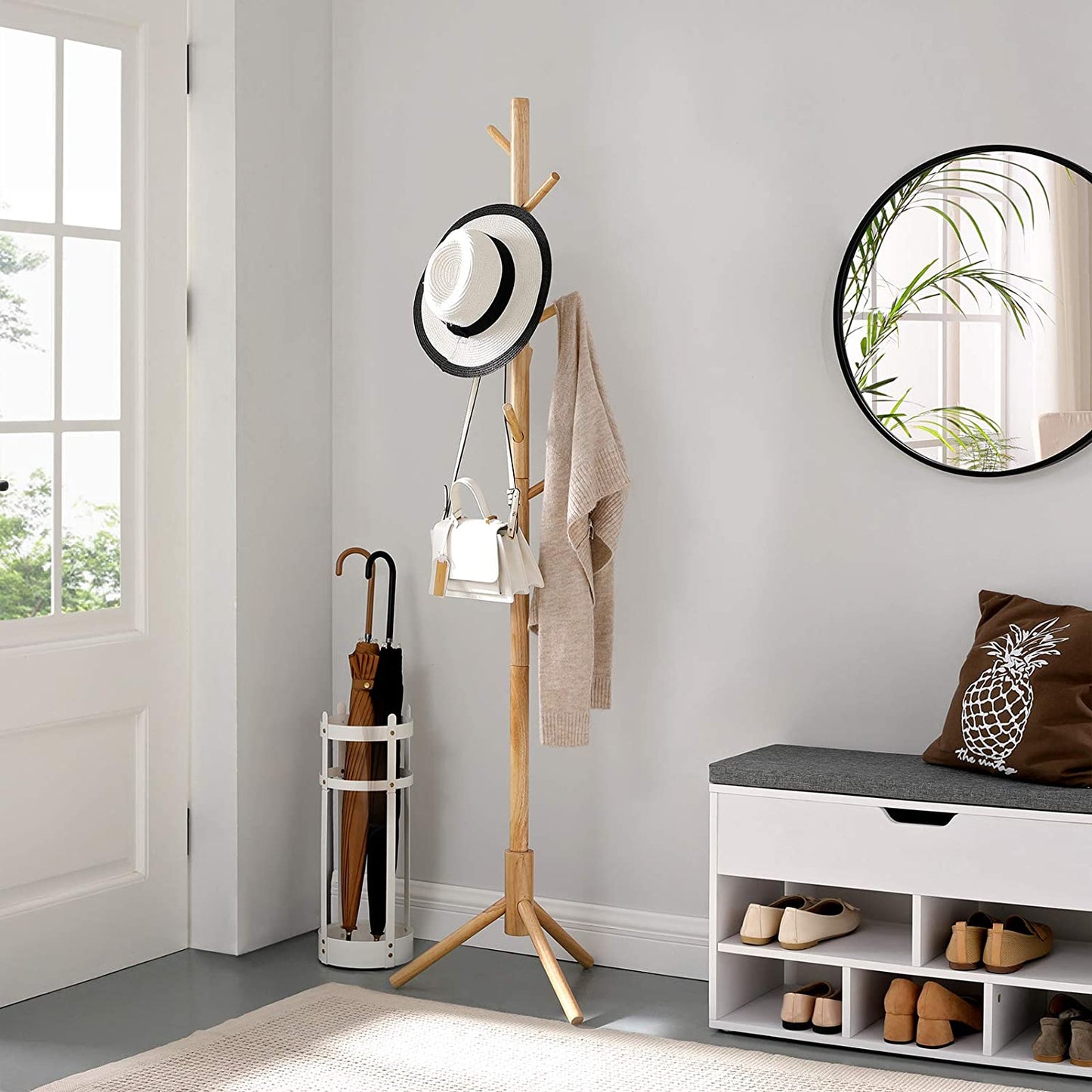 Nancy's Calcar Staande Kapstok - Kledingrek - Garderobe - 8 Haken - Natuurlijk - Rubberhout