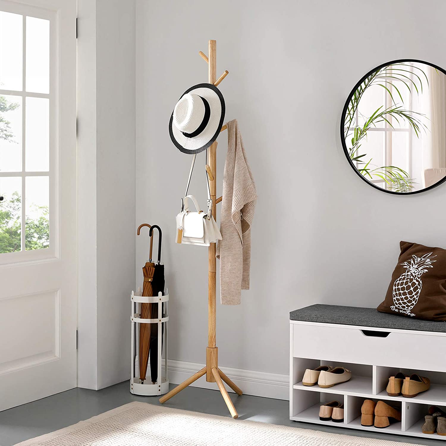 Nancy's Calcar Staande Kapstok - Kledingrek - Garderobe - 8 Haken - Natuurlijk - Rubberhout