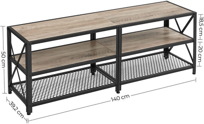 Nancy's Hawkshaw TV Meubel - TV Kast - Lowboard - Opbergruimte - Open Vakken - Tot 60/70 Inch - Staal - Bewerkt Hout - Natuurlijk - Grijs - 140/60 x 39,2 x 50 cm