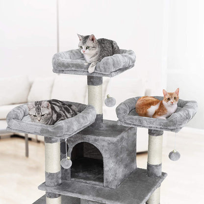 Nancy's Cheddar Cat Tree - Scratching Post - Cat Cave - 6 Levels - Gray - Beige - Engineered Wood - Sisal - Plush - 60 x 55 x 172 cm