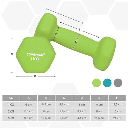 Nancy's Dumbells Set - Halters - Zeskant - Halterrek - 1 kg - 2 kg - 3 kg - Krachttraining - Limegroen - Aquamarijn - Lichtgrijs