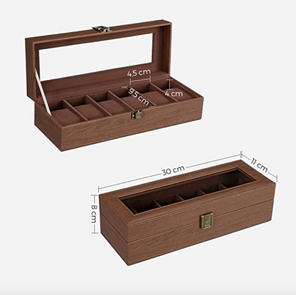 Nancy’s Brimley Horlogodoos - Horlogekoffer - Horloge Opbergen - met 6 Vakken - Langwerpig - Klassiek - Bruin - 30 x 11 x 8 cm