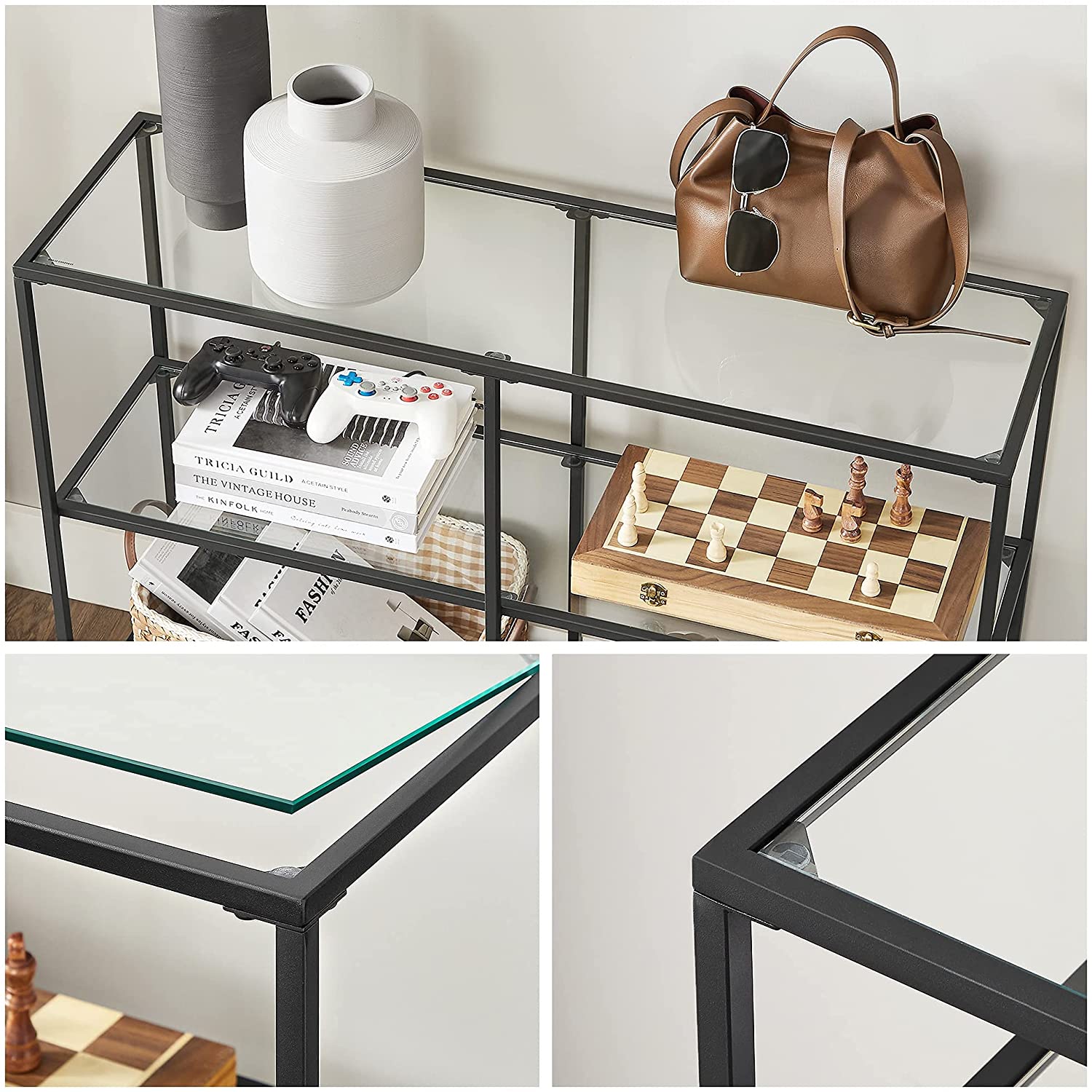Nancy’s Chacacal Sidetable - Consoletafel - Bijzettafel - met Gehard Glas - Modern - Zwart - Staal - ± 100 x 30 x 70 cm