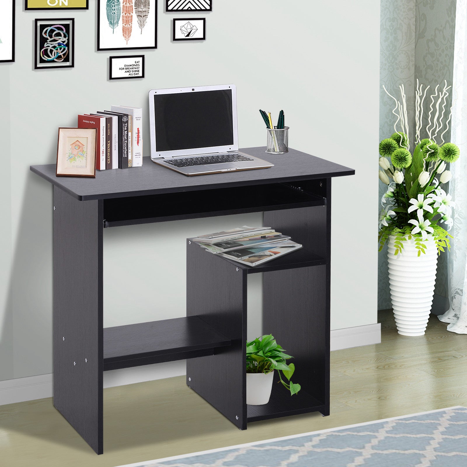 Nancy's Buffalo Bureau - Computertafel - Uitschuifbaar Tafelblad - Kantoortafel - PC-Tafel - Zwart/Wit - Bewerkt Hout