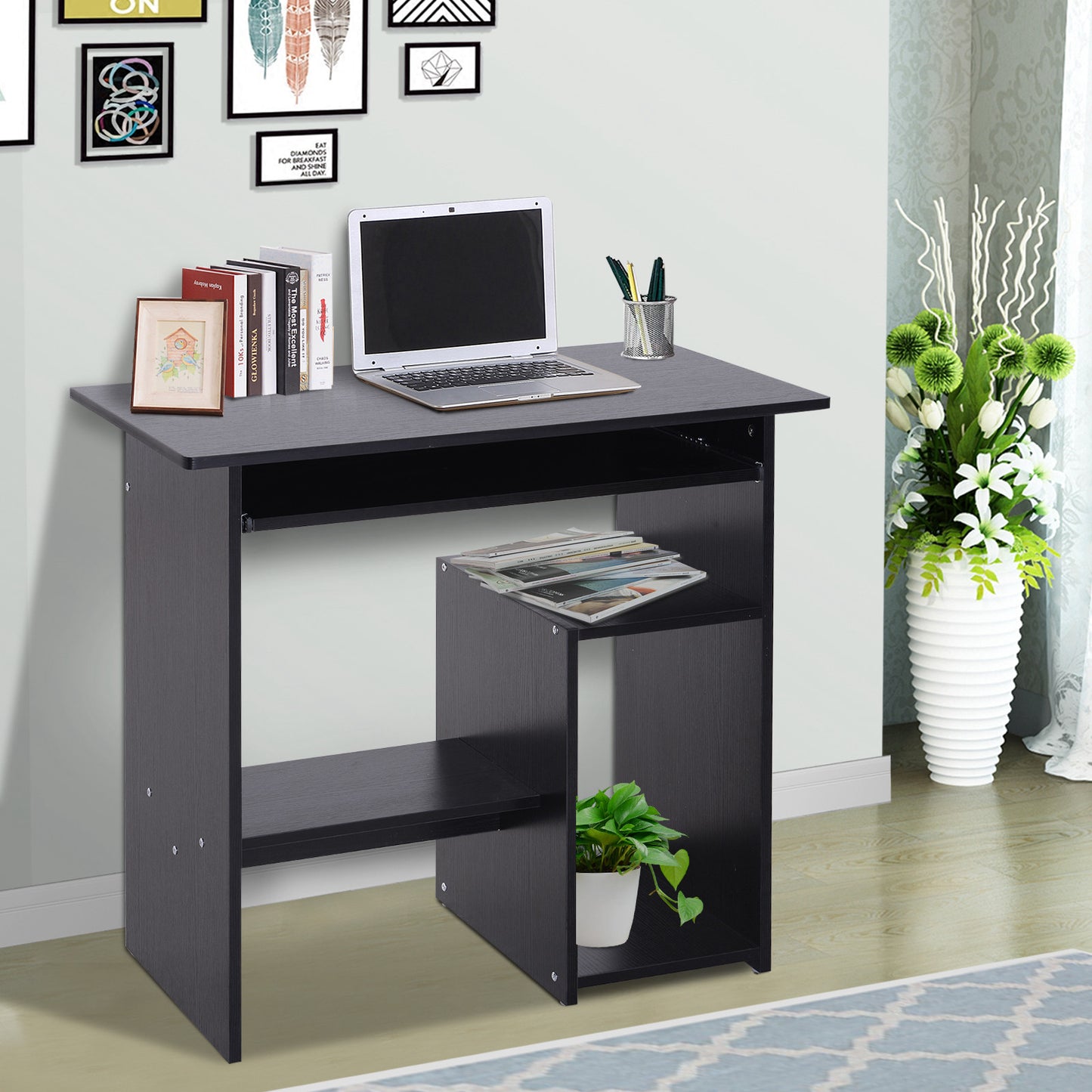 Nancy's Buffalo Bureau - Computertafel - Uitschuifbaar Tafelblad - Kantoortafel - PC-Tafel - Zwart - Bewerkt Hout