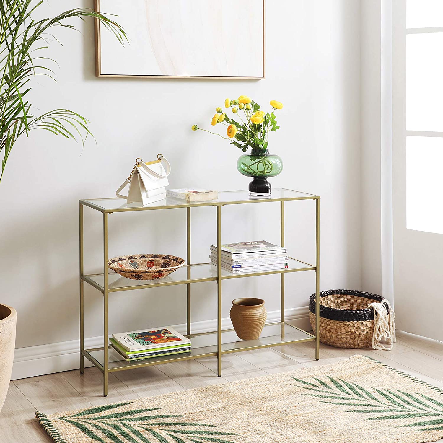 Nancy's Canisbay Console table - Side table - 3 Shelves - Storage rack - Glass - Metal - Gold - 30 x 100 x 73 cm