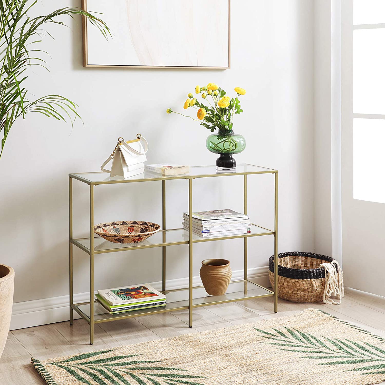 Nancy's Canisbay Sidetable - Bijzettafel - 3 Planken - Opbergrek - Glas - Metaal - Goud - 30 x 100 x 73 cm