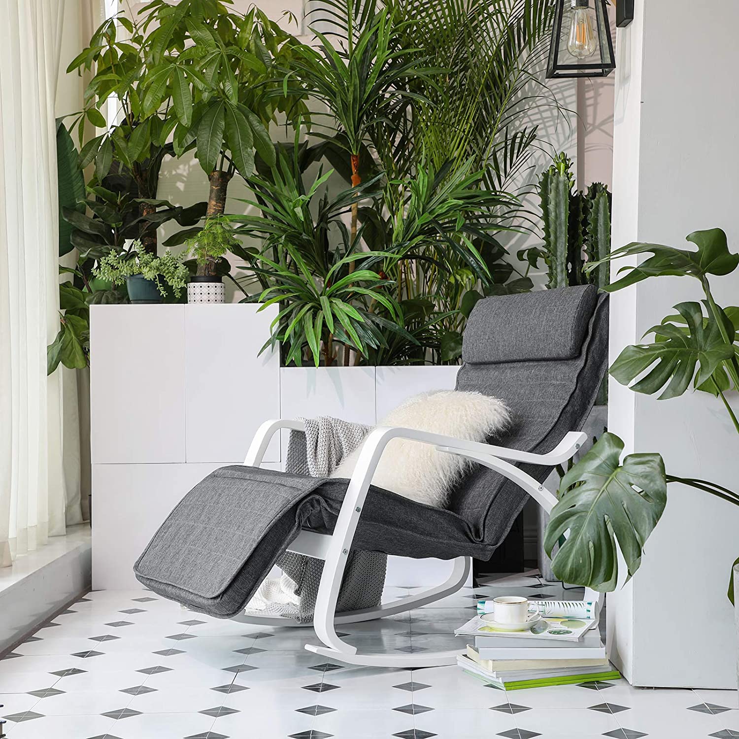 Nancy's San Felipe Schommelstoel - Relax Fauteuil - Loungestoel - Wit / Grijs - Linnen / Berkenhout