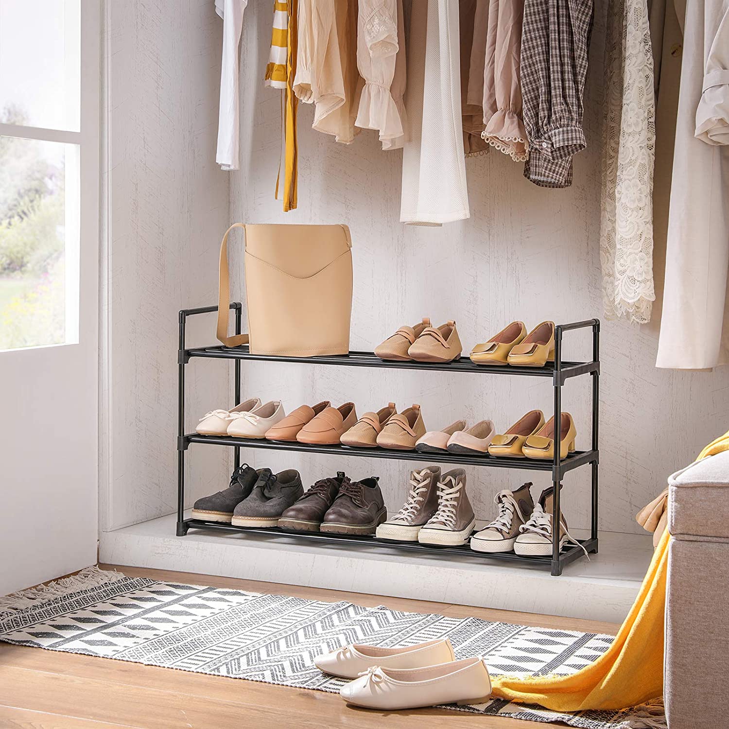 Nancy's Plano Schoenenrekken - Set Van 2 - Schoenen Organizer - 24-30 Paar Schoenen - Stapelbaar - Zwart - Staal - ± 90 x 30 x 50 cm