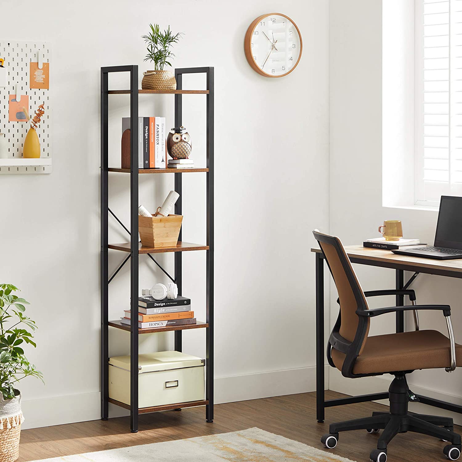 Nancy's Burke Opbergrek - Boekenkast - Open Kast - 5 Niveaus - Vintage - Industrieel - Bruin -Bewerkt Hout - Metaal - ± 40 x 30 x 145 cm