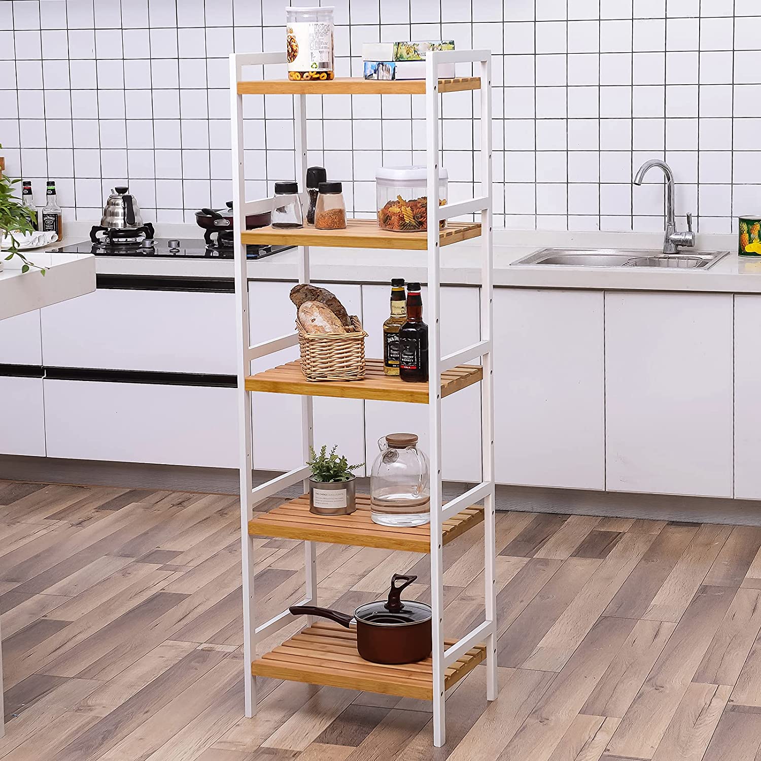 Nancy's Camp Creek Wandkast - Opbergrek - Keukenkast - Bamboe - Wit - ± 45 x 30 x 140 cm