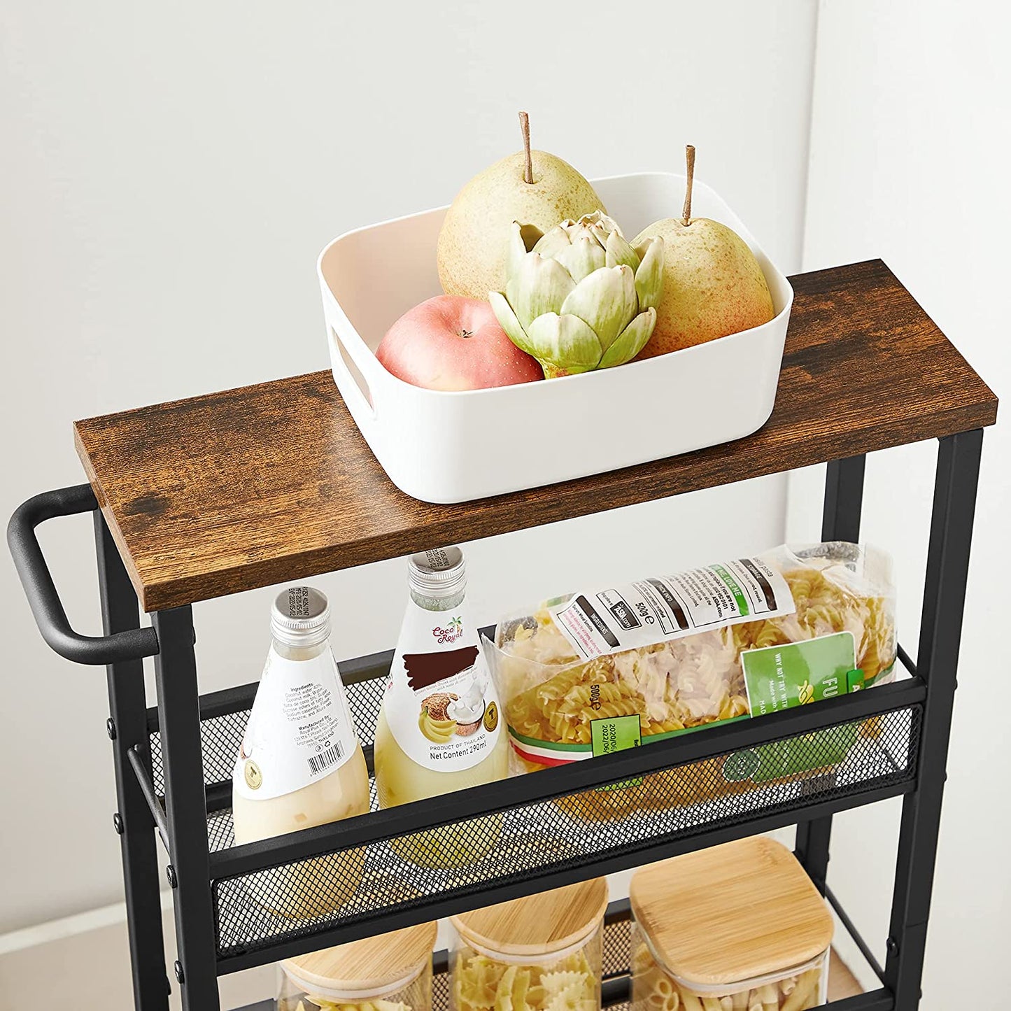 Nancy's Granger Serveerwagen - Keukentrolley - Op Wieltjes - Bewerkt Hout - Metaal - Bruin - Zwart - 4 Niveaus - 42 x 13 x 77 cm