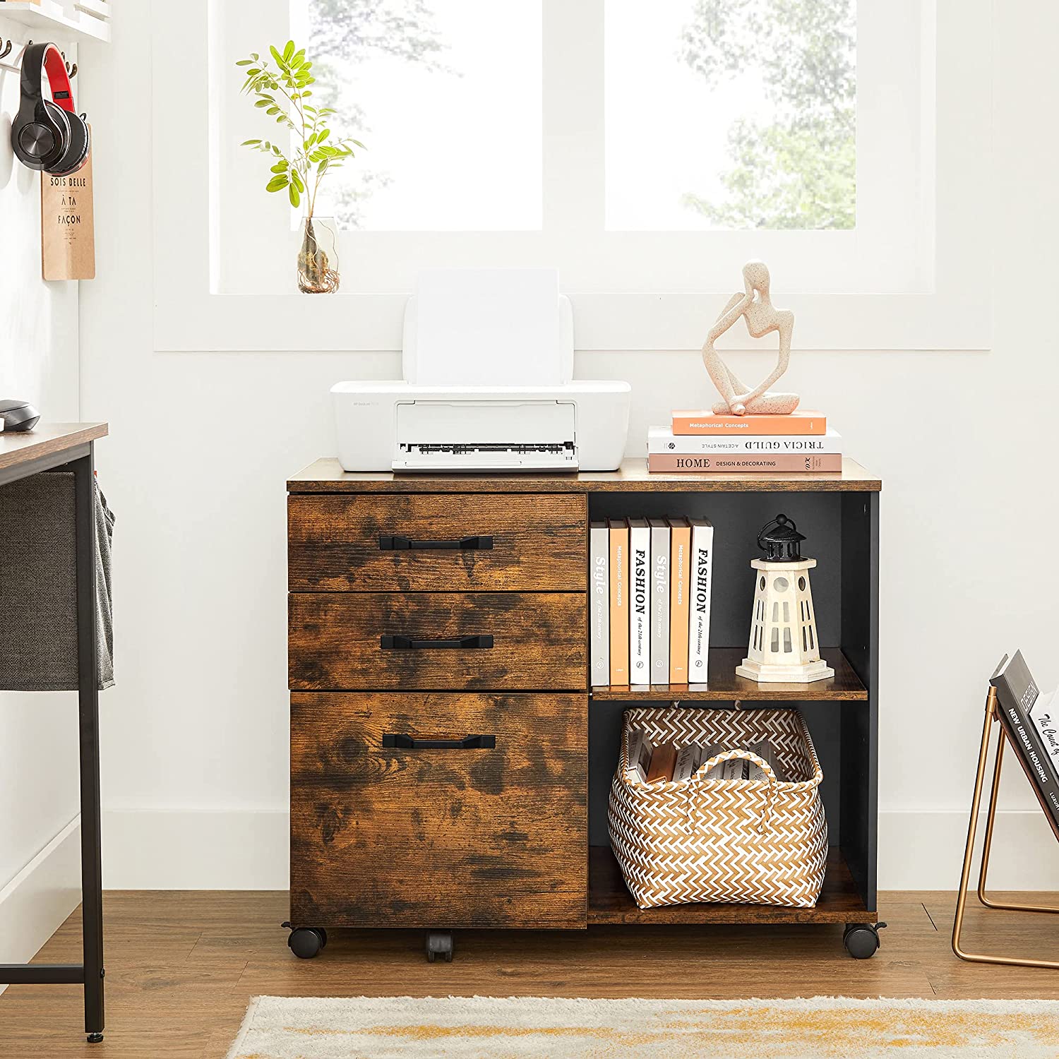 Nancy's Madras Archiefkast - Rolcontainer - Ladekast - Op Wieltjes - Opbergvakken - Industrieel - Bruin - Zwart - Bewerkt Hout - Metaal - 80 x 40 x 66 cm