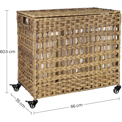 Nancy's Handgeweven 143L Wasmand - 3 compartimenten - Opbergmand - Verwijderbare voeringzakken - Naturel/Wit/Grijs - 66 x 35 x 60,5 cm