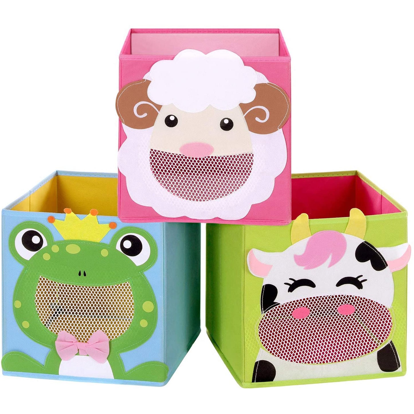 Boîtes de rangement Nancy's Caldwell - Lot de 3 - Organisateur de jouets - Boîtes pliantes - Cubes - Motifs animaux - Vert - Rose - Bleu - 27 x 27 x 27 cm