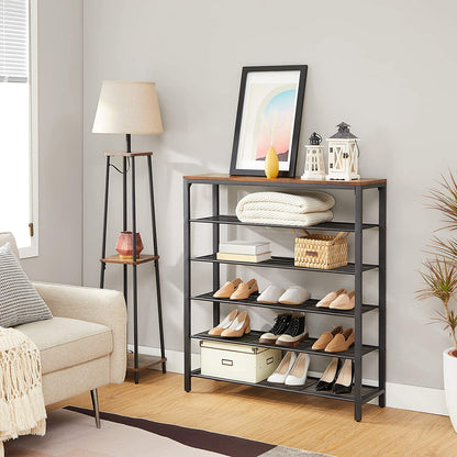 Nancy's Columbus Schoenenrek - Schoenenkast - 5 Niveaus - Bijzetkast - 20 Paar Schoenen - Metalen Frame - Gangkast - 100 x 30 x 100 cm - Industrieel - Bruin - Zwart