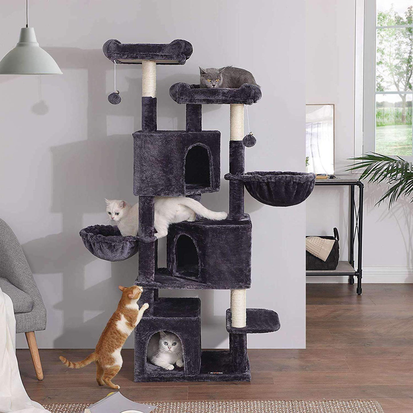 Nancy's XXL Kattenboom - Kat toren met 3 grotten - Krabpaal - Krabpalen voor katten -Donkergrijs - 55 x 40 x 164 cm