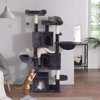 Nancy's XXL Kattenboom - Kat toren met 3 grotten - Krabpaal - Krabpalen voor katten -Donkergrijs - 55 x 40 x 164 cm