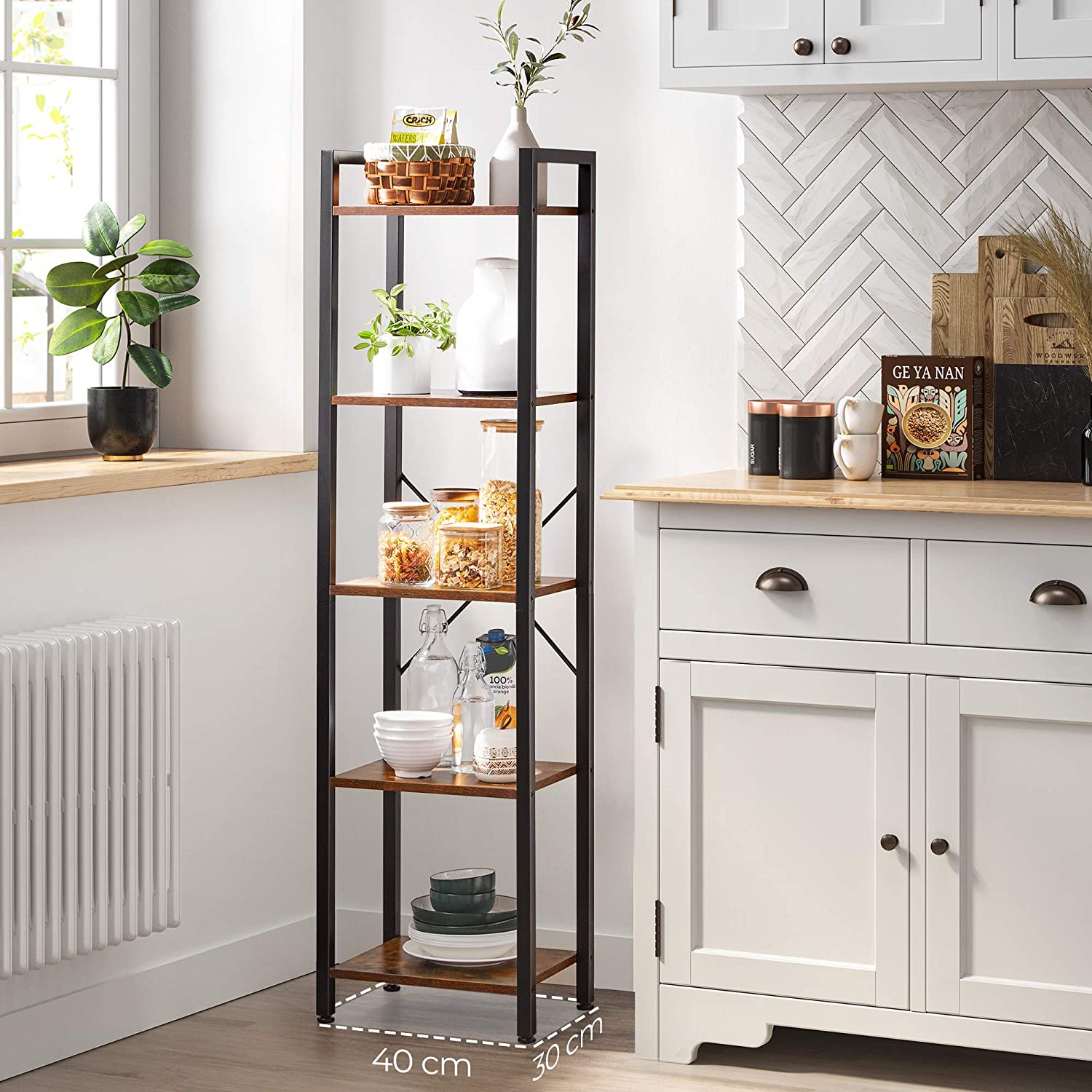 Nancy's Burke Opbergrek - Boekenkast - Open Kast - 5 Niveaus - Vintage - Industrieel - Bruin -Bewerkt Hout - Metaal - ± 40 x 30 x 145 cm