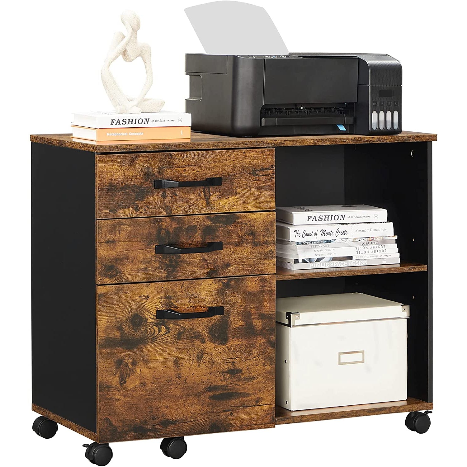 Nancy's Madras Archiefkast - Rolcontainer - Ladekast - Op Wieltjes - Opbergvakken - Industrieel - Bruin - Zwart - Bewerkt Hout - Metaal - 80 x 40 x 66 cm