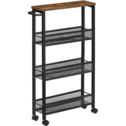 Nancy's Granger Serveerwagen - Keukentrolley - Op Wieltjes - Bewerkt Hout - Metaal - Bruin - Zwart - 4 Niveaus - 42 x 13 x 77 cm