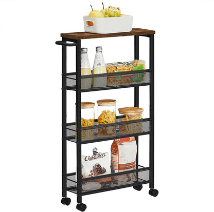 Nancy's Granger Serveerwagen - Keukentrolley - Op Wieltjes - Bewerkt Hout - Metaal - Bruin - Zwart - 4 Niveaus - 42 x 13 x 77 cm
