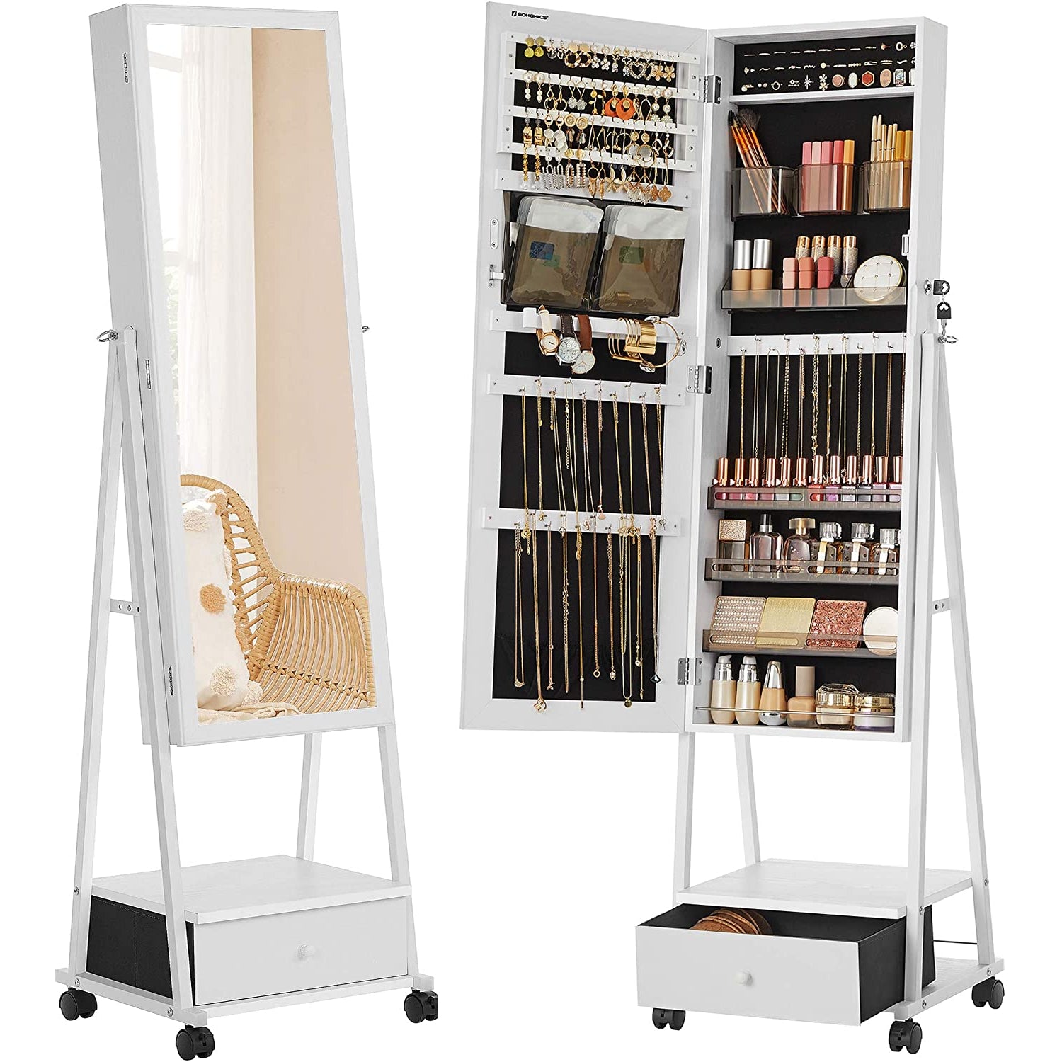 Nancy's Burntcoat Sieradenspiegel - Spiegelkast - Sieradenorganizer - Sieradenkast - Wit - ± 40 x 35 x 150 cm