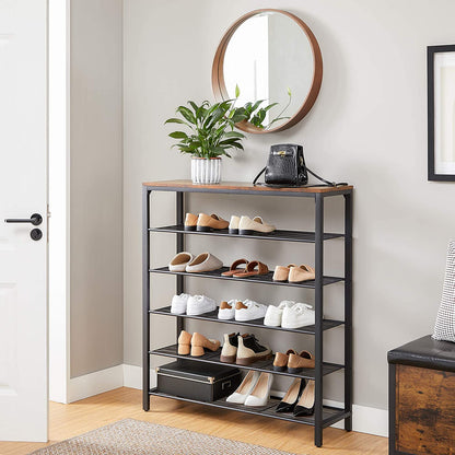 Nancy's Columbus Schoenenrek - Schoenenkast - 5 Niveaus - Bijzetkast - 20 Paar Schoenen - Metalen Frame - Gangkast - 100 x 30 x 100 cm - Industrieel - Bruin - Zwart