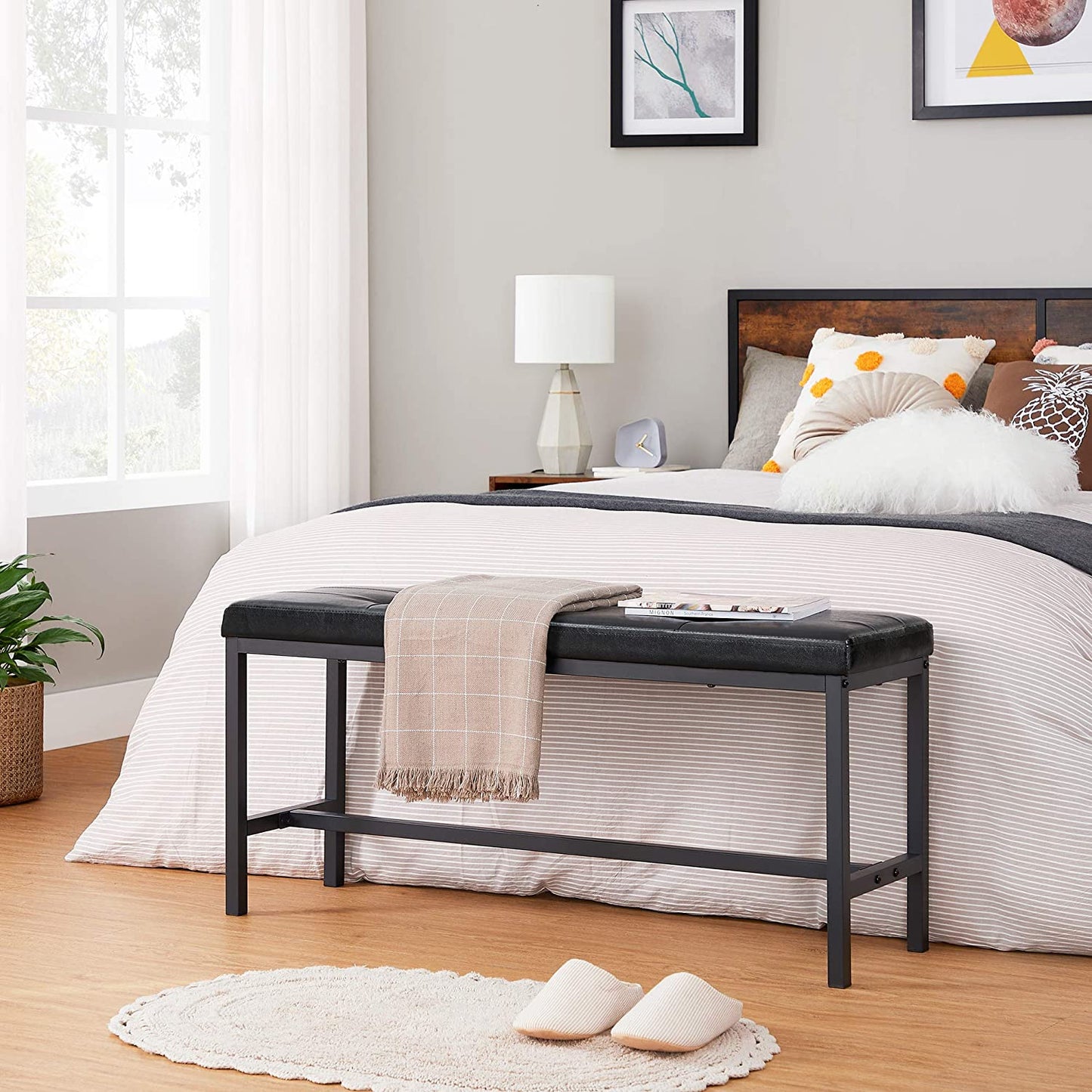 Nancy's Powell Eetkamerbank - Gestoffeerde Bank - Keukenbank - PU-Afdekking - Stalen Frame - Bruin - Zwart - 108 x 32,5 x 48 cm