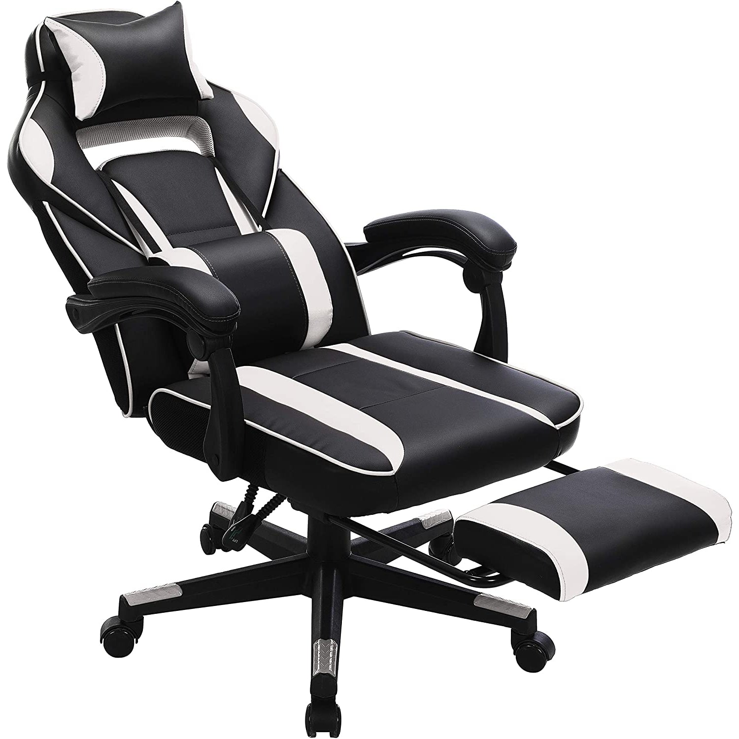 Nancy's Gatineau Gaming Chair - Office Chair - Swivel Chair - Extendable Footrest - Headrest - Ergonomic - Tilt function - Black - White - 67 x 66 x 116-126 cm