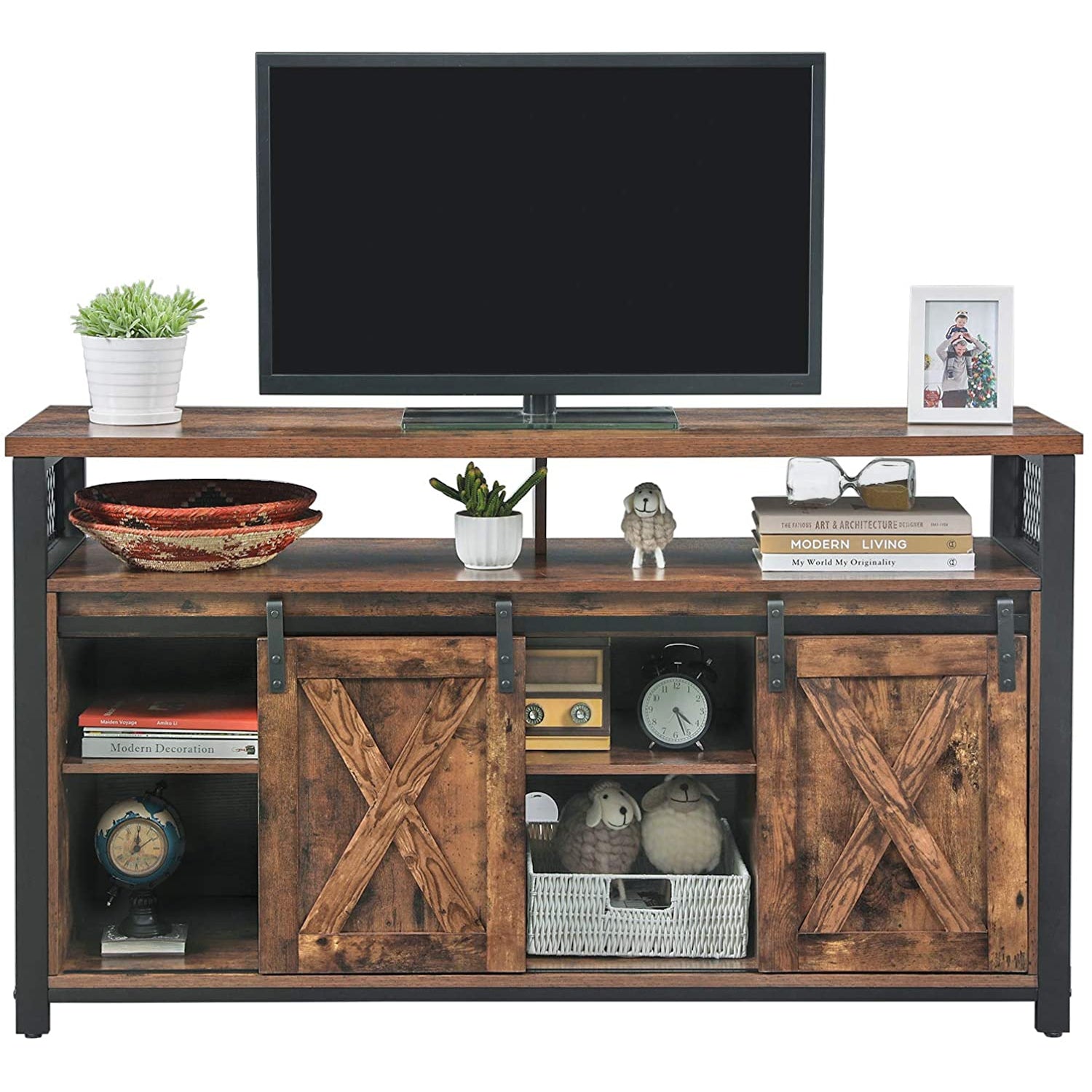 Nancy's Starkville TV Meubel - TV Kast - Vintage Bruin / Zwart - Spaanplaat / Staal - ± 135 x 40 x 75 cm