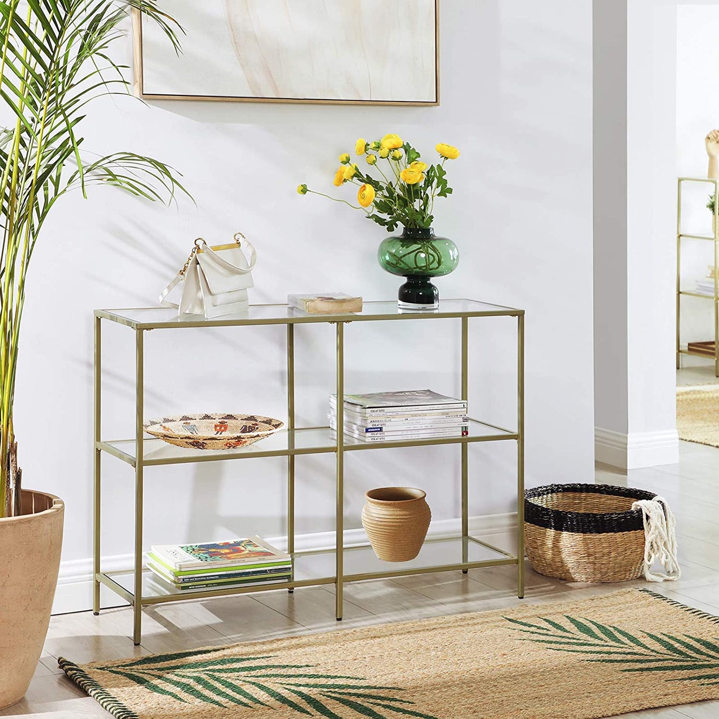 Nancy's Canisbay Sidetable - Bijzettafel - 3 Planken - Opbergrek - Glas - Metaal - Goud - 30 x 100 x 73 cm