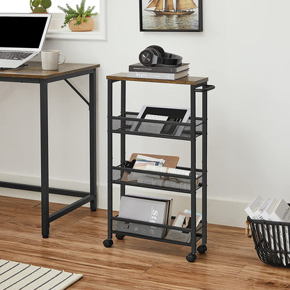 Nancy's Granger Serveerwagen - Keukentrolley - Op Wieltjes - Bewerkt Hout - Metaal - Bruin - Zwart - 4 Niveaus - 42 x 13 x 77 cm