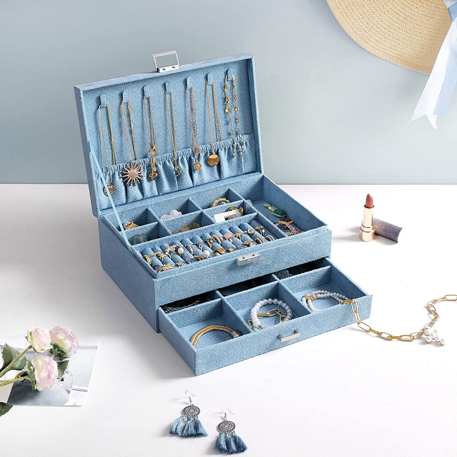 Rangement à bijoux Nancy's Dack - Boîte à bijoux - Organisateur de bijoux - 2 niveaux - 1 tiroir - Compartiments ouverts - Bleu - Velours - 27 x 18,5 x 10,5 cm