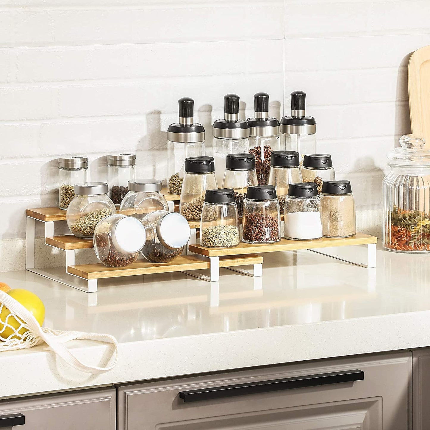 Nancy's Frankford Spice Racks - Set Of 3 - 3 Shelves Each - Bamboo - Extendable - Stackable - White - Natural