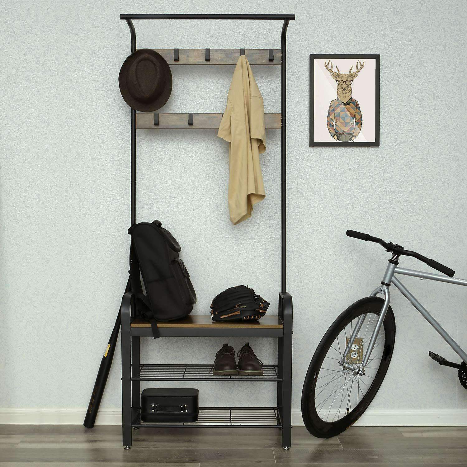 Nancy's Westburry Staand Garderoberek - Kapstok - Schoenenrek en Zitbank - Vintage Bruin / Zwart - ± 70 x 35 x 185 cm