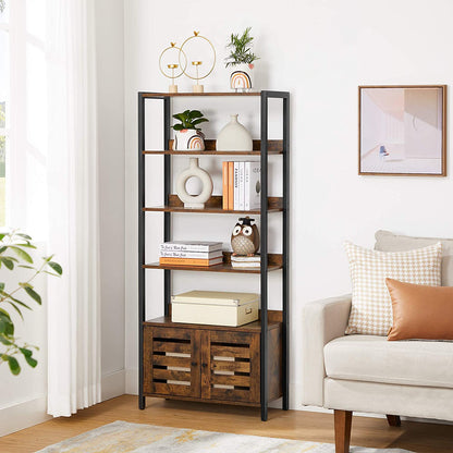Nancy's Crookston Boekenkast - Opbergkast - 4 Niveaus - 2 Deuren - Industrieel - Vintage - Bruin - Zwart - Bewerkt Hout