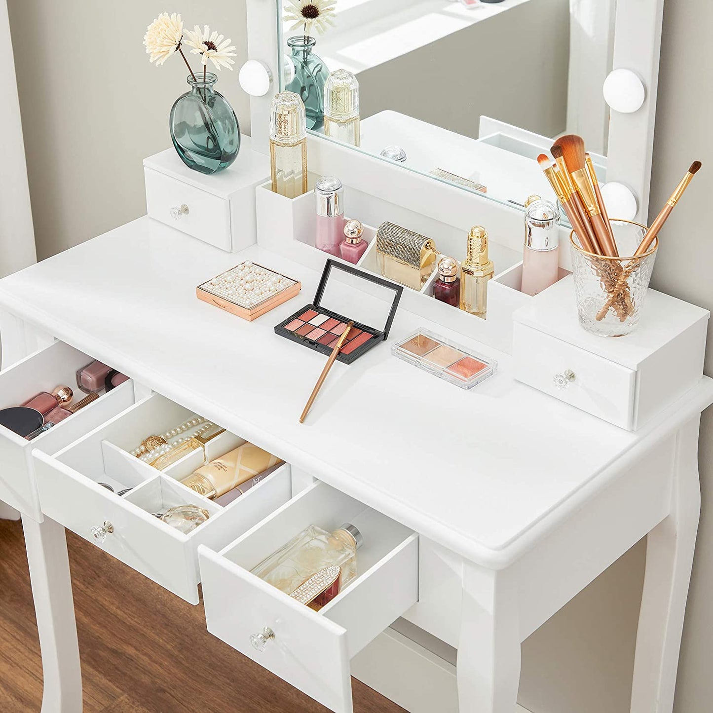 Nancy's Gonthier Kaptafelset - Make-Up Tafel - Krukje - Spiegel - Verlichting - Opbergbox - 6 Vakken - 5 Lades - Wit - Bewerkt Hout - 80 x 40 x 139 cm