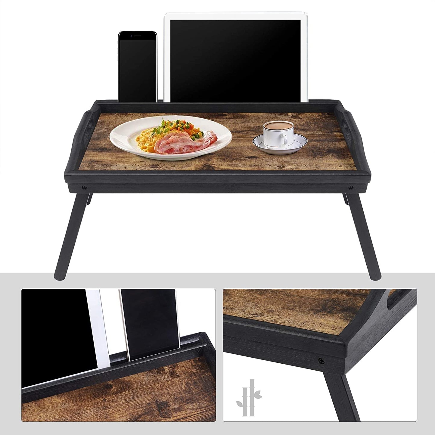 Nancy's Stonecrest Bedblad - Ontbijtblad - Dienblad - Laptopstandaard - Inklapbare Poten - Mobiel Houder - Bamboe - Vintage - Bruin - Zwart - 45 x 30 x 26 cm