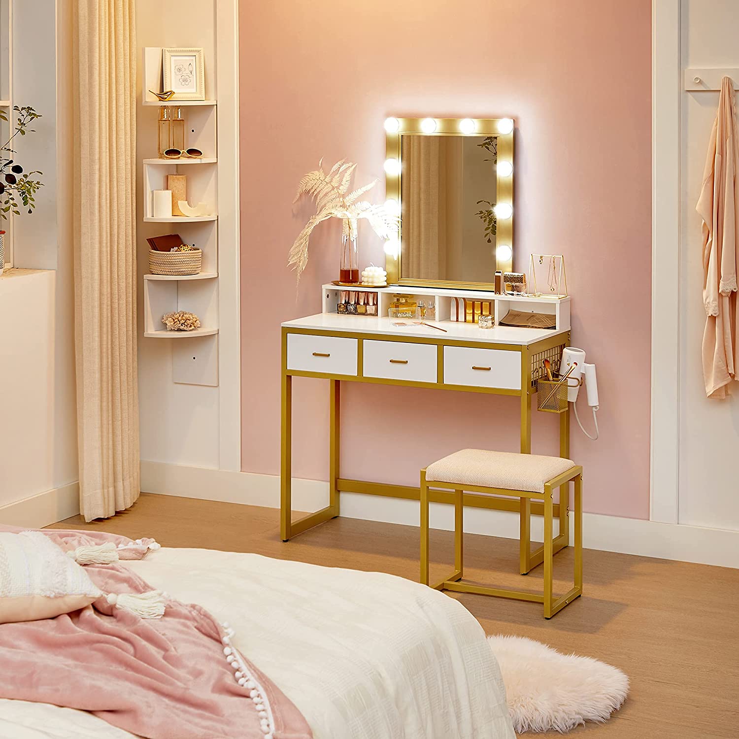 Nancy's Caribou Dressing Table - Cosmetics Table - Stool - 10 LED Lamps - Mirror - 3 Drawers - White - Gold - 90 x 40 x 145.5 cm