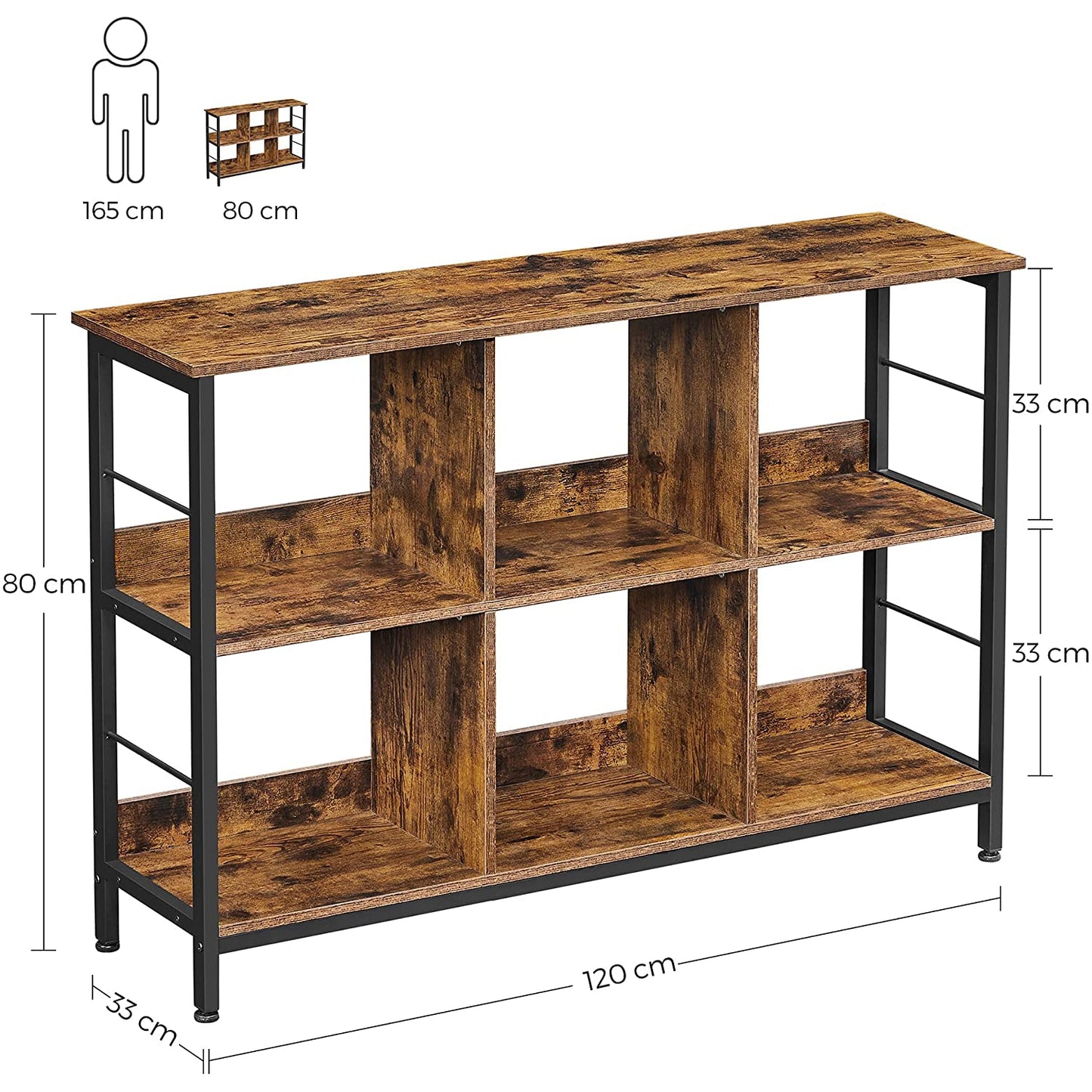 Nancy's Canfield Boekenkast - Vakkenkast - Opbergkast - Bruin - Zwart - Bewerkt Hout - Metaal - 120 x 33 x 80 cm