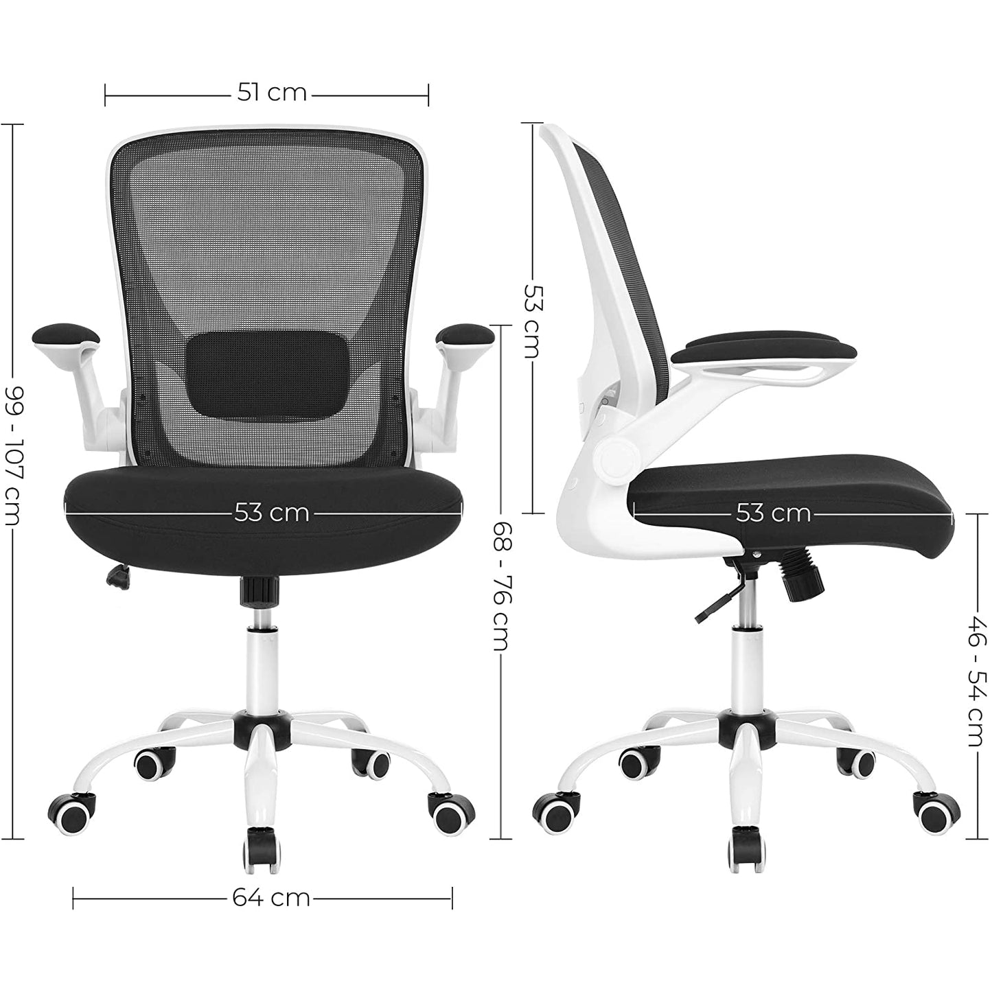 Nancy's Walker Bureaustoel - Kantoorstoel - Netbespanning - Ergonomisch - Verstelbare Lendensteun - Wit - Zwart - 66 x 60 x (99-107) cm