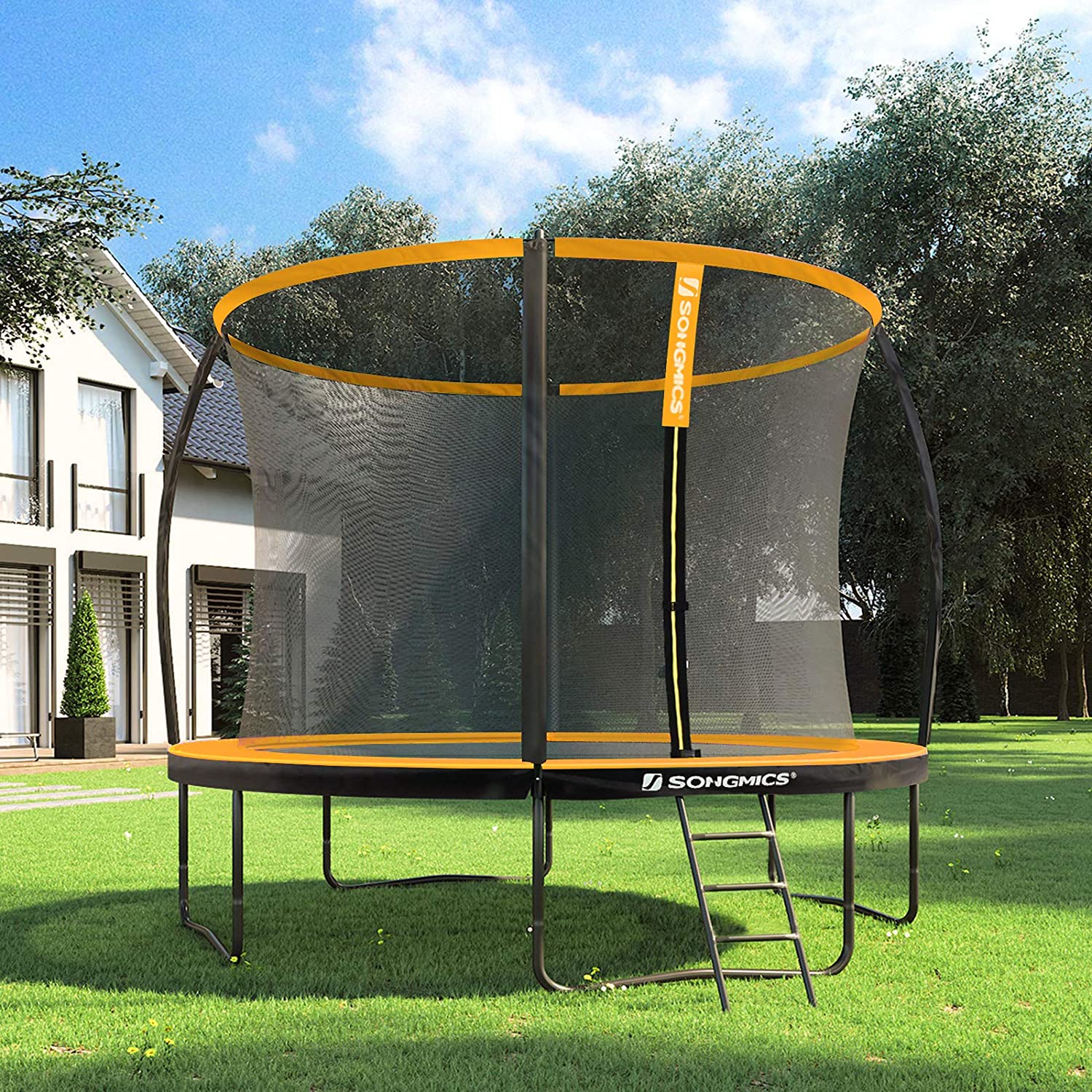 Nancy's Santee Trampoline - Garden trampoline - Round - Safety net - Ladder - Arch poles - Safety test - Black - Orange - 305/366 cm