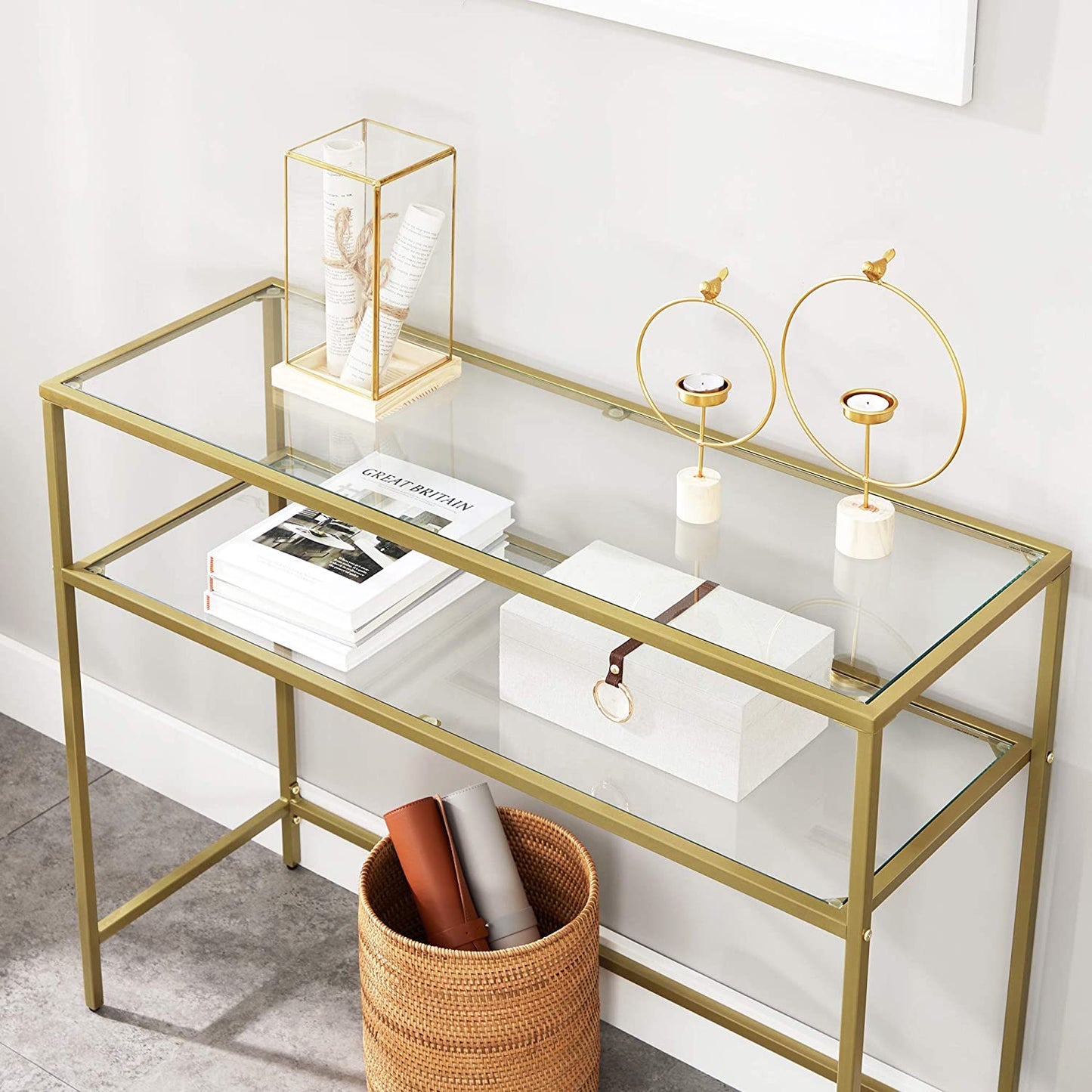 Nancy's Goldfield Console Tafel - Bijzettafel - 2 Niveaus - Gehard Glas - Metalen Frame - Verstelbare Poten - Goud - 35 x 100 x 80 cm