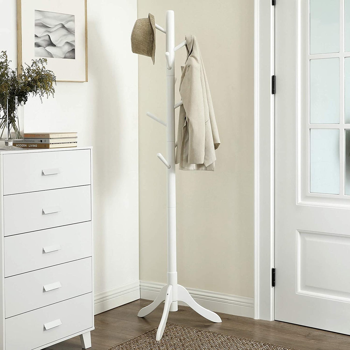 Nancy's Cazaville Kapstok - Boomvormig - Vrijstaand - 8 Haken - Massief Hout - Rubberhout - Wit - ‎57 x 57 x 177 cm