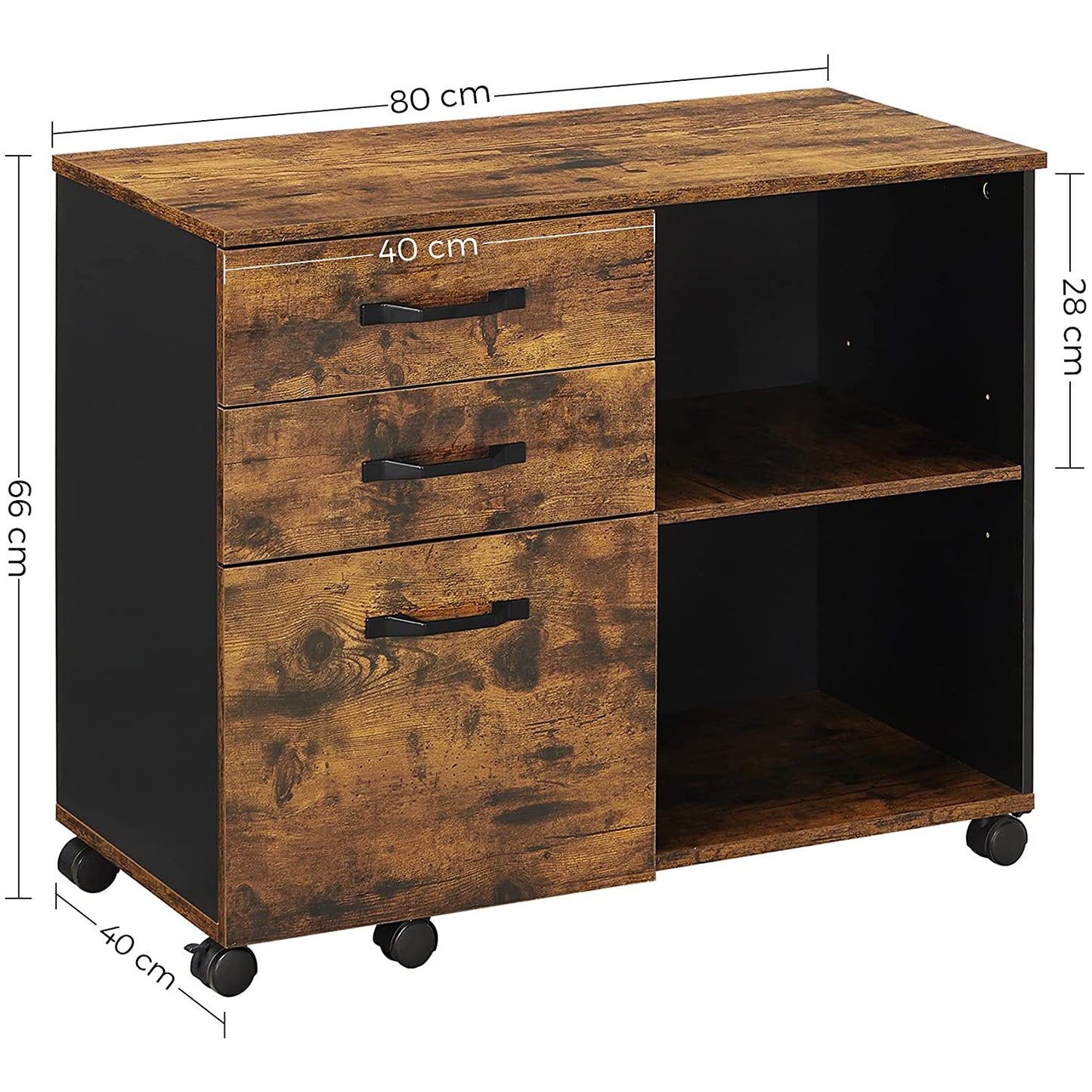 Nancy's Madras Archiefkast - Rolcontainer - Ladekast - Op Wieltjes - Opbergvakken - Industrieel - Bruin - Zwart - Bewerkt Hout - Metaal - 80 x 40 x 66 cm