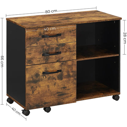 Nancy's Madras Archiefkast - Rolcontainer - Ladekast - Op Wieltjes - Opbergvakken - Industrieel - Bruin - Zwart - Bewerkt Hout - Metaal - 80 x 40 x 66 cm